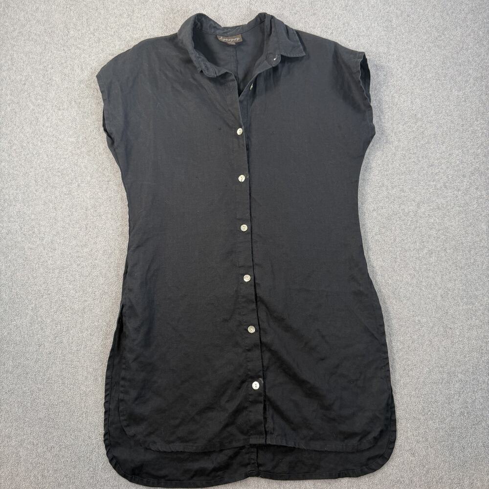 Apropos Women's Small Button Front Tunic Top Blouse Black Linen Side Slits